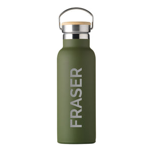 Personalised insulated drinks bottle in matt green. The bottle has a leak proof bamboo vacuum sealed lid and a carry handle. The bottle can be personalised in a name of your choice which will be printed down the side of the bottle in large uppercase letters.