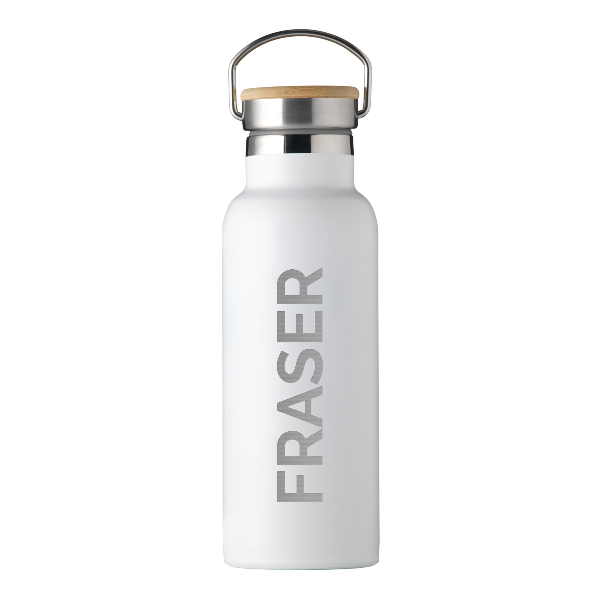 Personalised insulated drinks bottle in matt white. The bottle has a leak proof bamboo vacuum sealed lid and a carry handle. The bottle can be personalised in a name of your choice which will be printed down the side of the bottle in large uppercase letters.