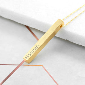 Personalised Gold Plated Vertical Bar Necklace Engraved with Sans Serif Font Option