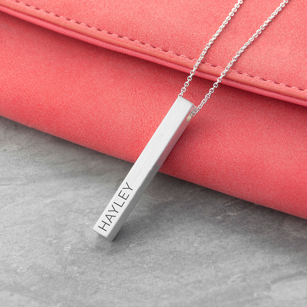 Personalised Silver Plated Vertical Bar Necklace Engraved with Sans Serif Font Option