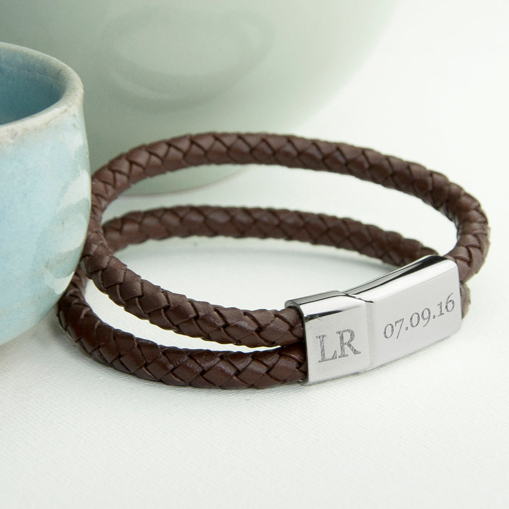 Engraved brown leather woven bracelet