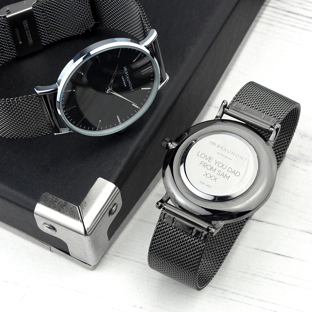 Personalised Mr Beaumont Mesh Gun Metal/Black Watch Engraved with Sans Serif Font
