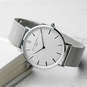 Personalised Elie Beaumont Oxford Large White and Silver Mesh Strap Watch