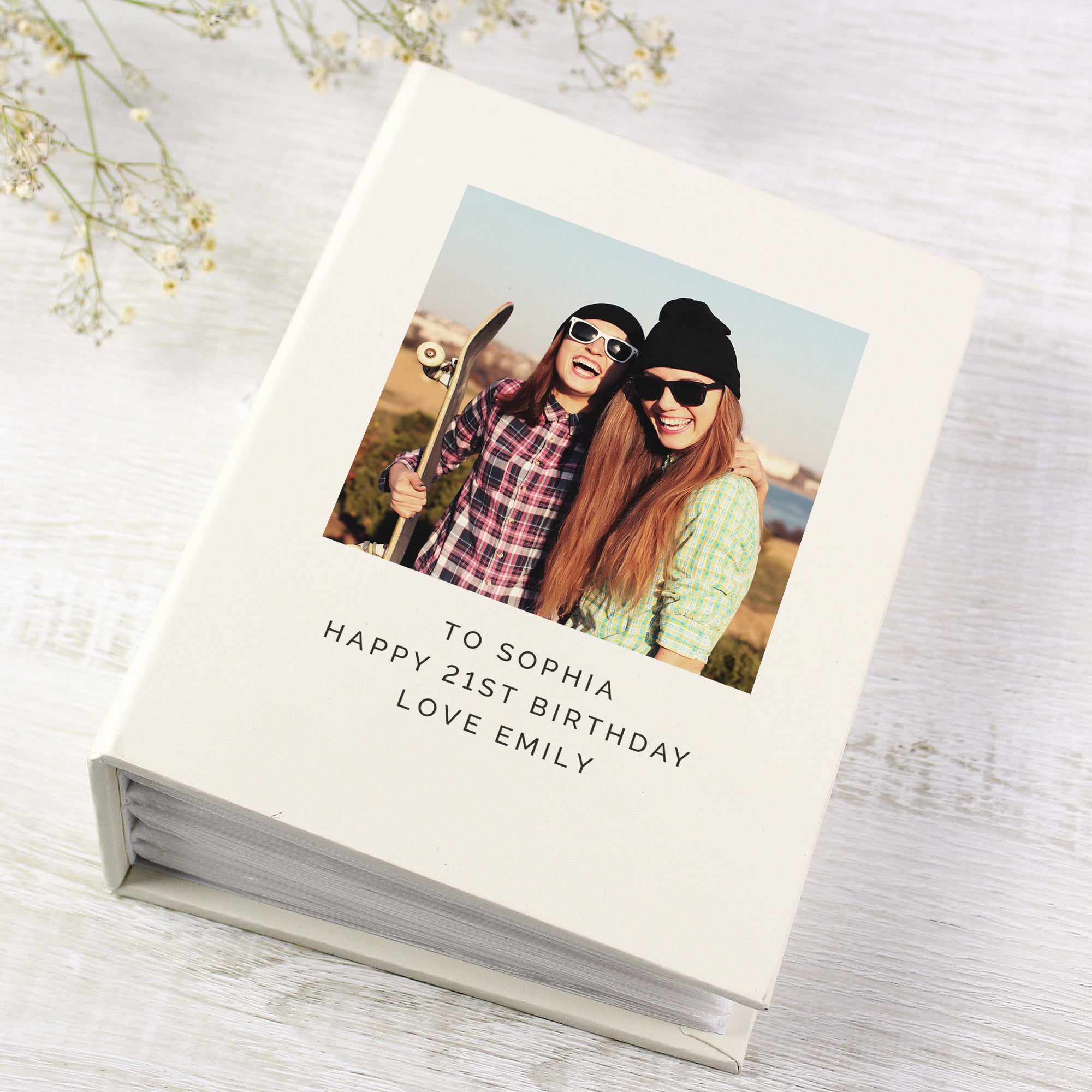 Image of a photo album where the front cover can be personalised with your own photo plus your own text over 3 lines of up to 20 characters per line which will be printed in uppercase. Internally the album can hold up to 100 6" by 4" photos.