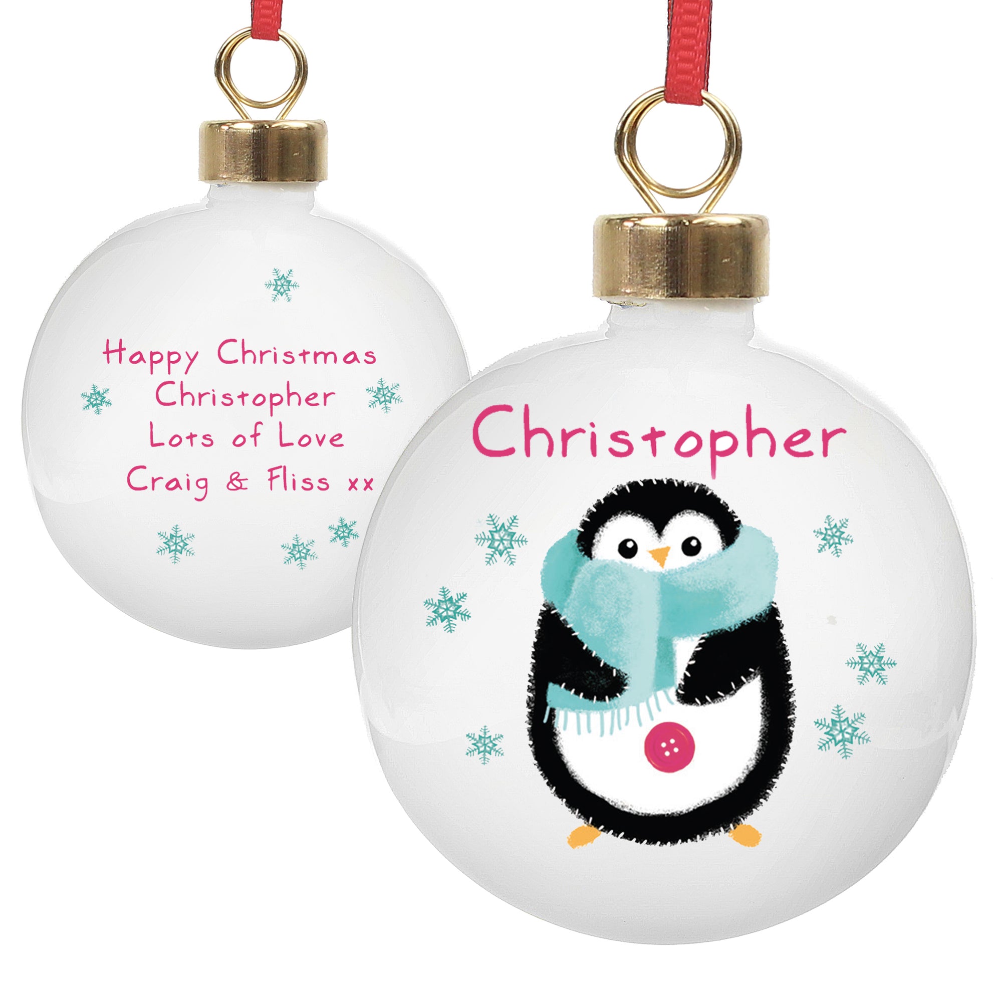 Personalised white ceramic Christmas tree bauble with an illlustration of a hand-drawn penguin on the front wearing a blue scarf and a name of your choice in a red font printed above the penguin. The rear of the bauble can be personalised with your own special message over up to 4 lines.
