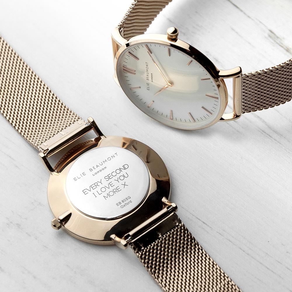Personalised Elie Beaumont Oxford Large Mesh Rosegold Watch Engraved with Sans Serif font