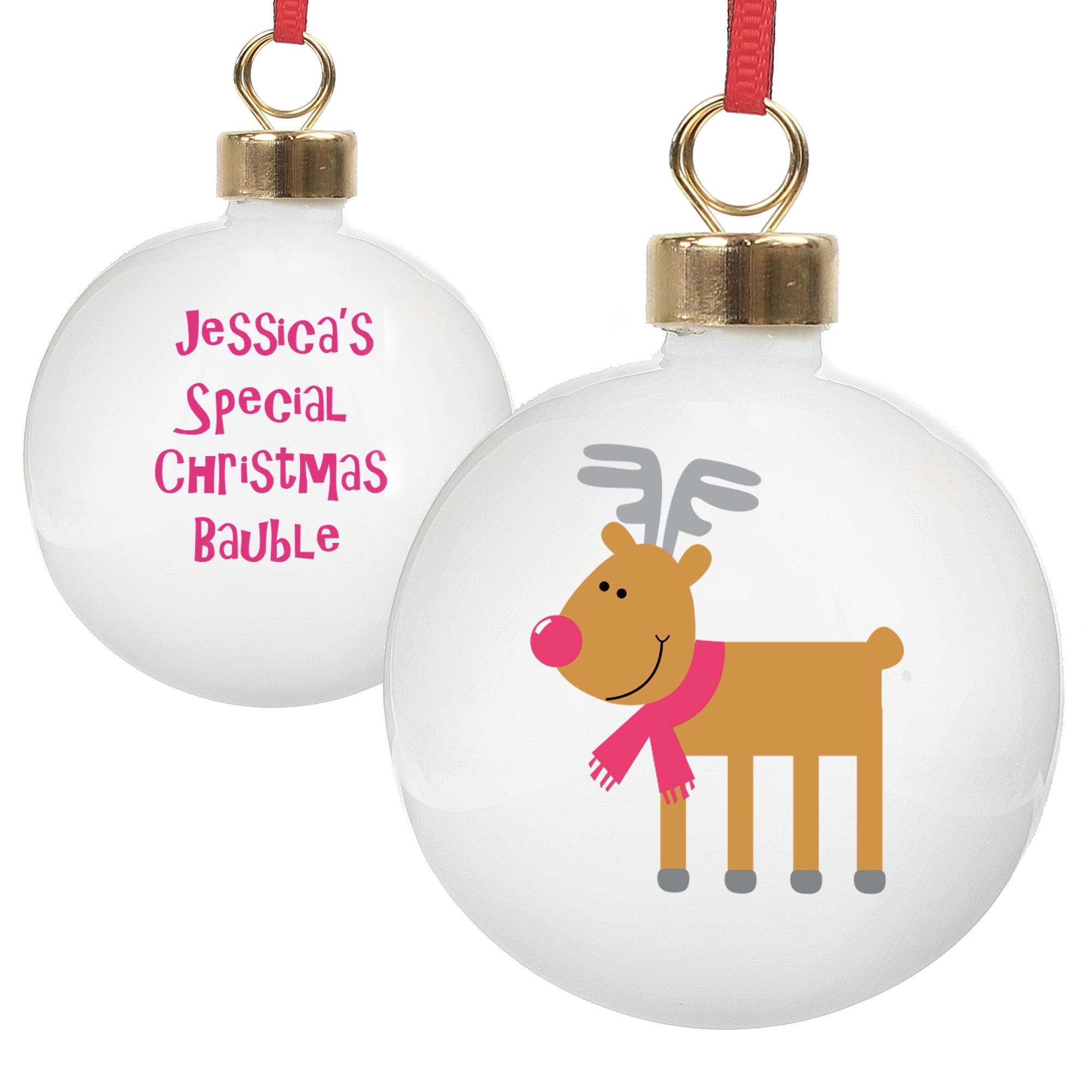 Personalised round Christmas tree bauble featuring a cartoon drawing of Rudolph the Red Nose Reindeer on the front.  Made from white glazed ceramic, the rear of the bauble can be personalised with your own message over 4 lines.