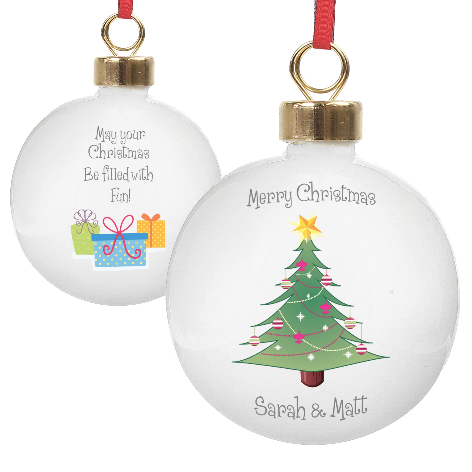 Personalised round white ceramic Christmas tree bauble featuring a drawing of a Christmas tree on the front. The bauble can be personalised with two lines of your own text on the front of the bauble, one line above the tree and the other line below the tree. You can also add your own message over up to 4 lines on the back.