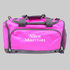 Personalised sports holdall for adults and children. The holdall features compartments to keep wet or mucky kit separate from the rest of your bag's contents. The bag can be personalised with a name of your choice and is avaiable in red, black, royal blue, lime, orange and fuschia pink.