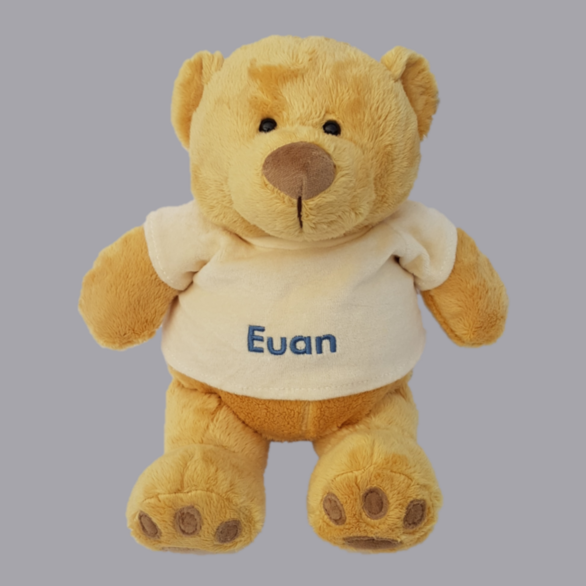 Personalised plush teddy bear. This super soft bear is available in two sizes and he come with a velour cream coloured t-shirt that can be personalised with a name of your choice in a range of colours.