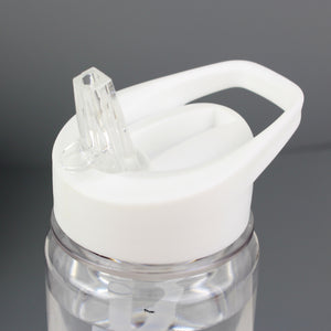 Close up image of the screw top lid of a transparent water bottle that can be personalised with a name of your choice. The lid is made from white plastic and has a useful carry handle and a flip up clear spout which is connected to a straw inside the bottle.