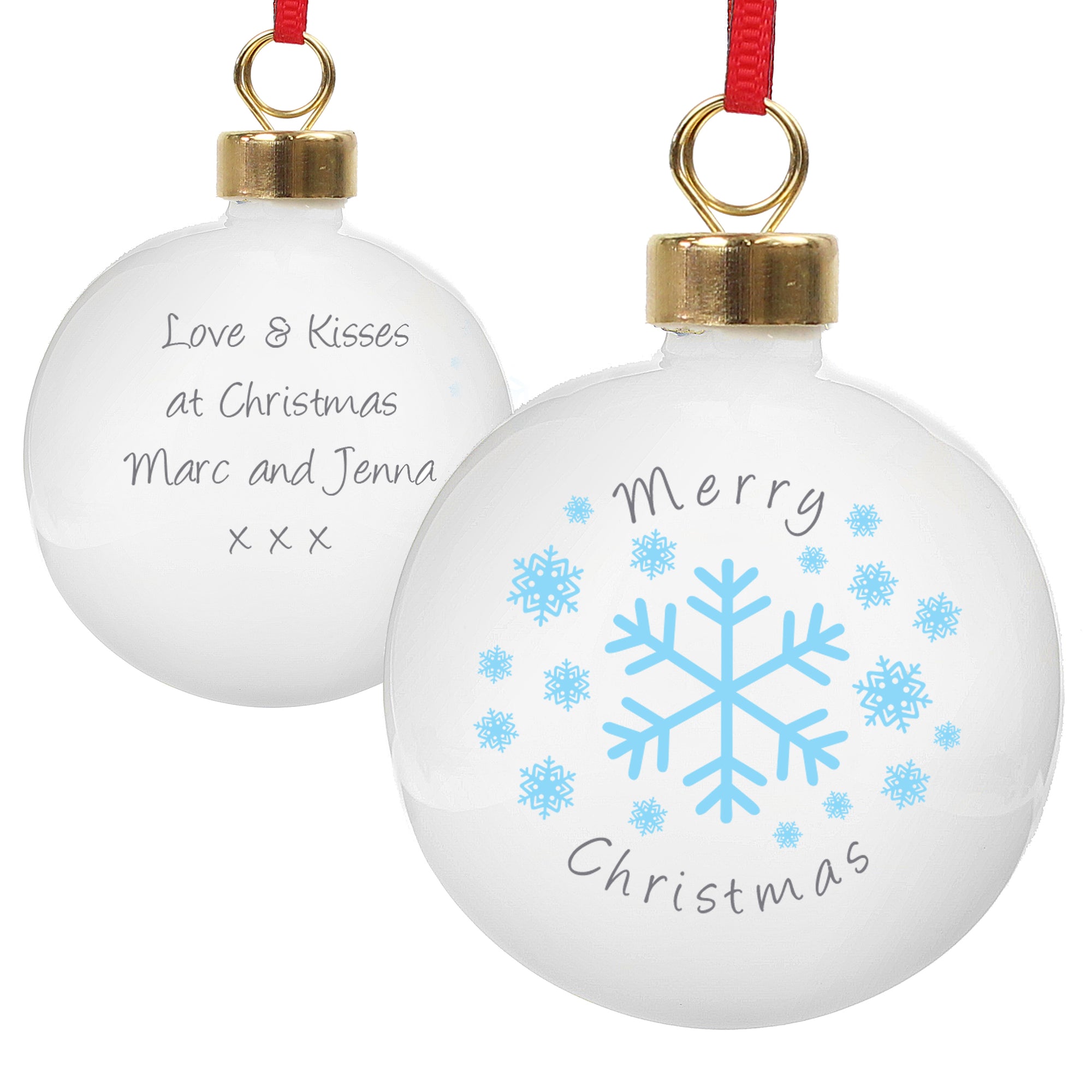 Personalised white ceramic round Christmas tree bauble featuring a blue snowflake design on the front and the words 'Merry Christmas' in black. The rear of the bauble can be personalised with your own message over 4 lines in a black font.