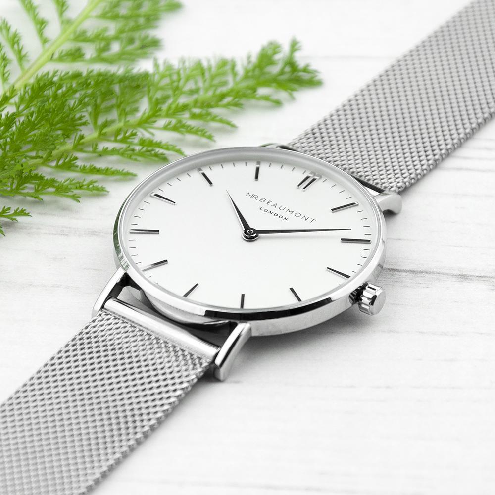 personalised mr beaumont watch with metallic silver mesh strap and white eggshell dial