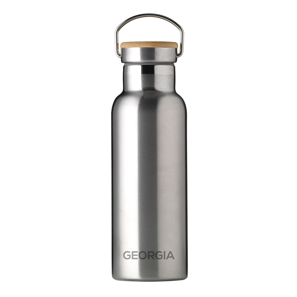 Personalised stainless steel insulated drinks bottle with a double wall and a bamboo vacuum screw top lid. The side of the bottle can be engraved with a name of your choice in uppercase.